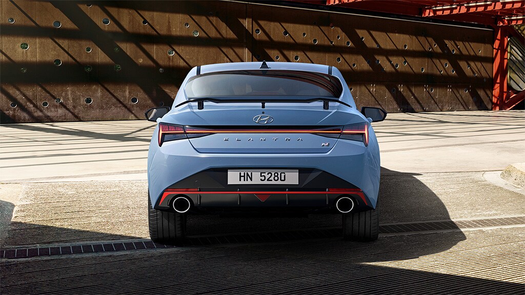 Rear view of a parked 2022 Elantra N in blue