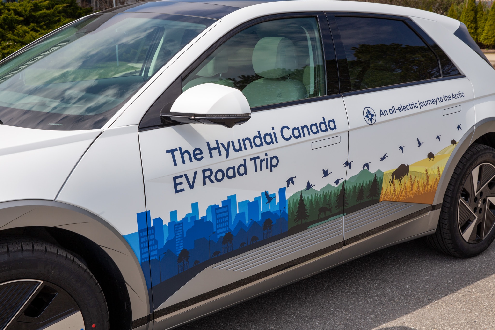 Close-up of IONIQ 5 with custom Hyundai Canada EV Road Trip wrap