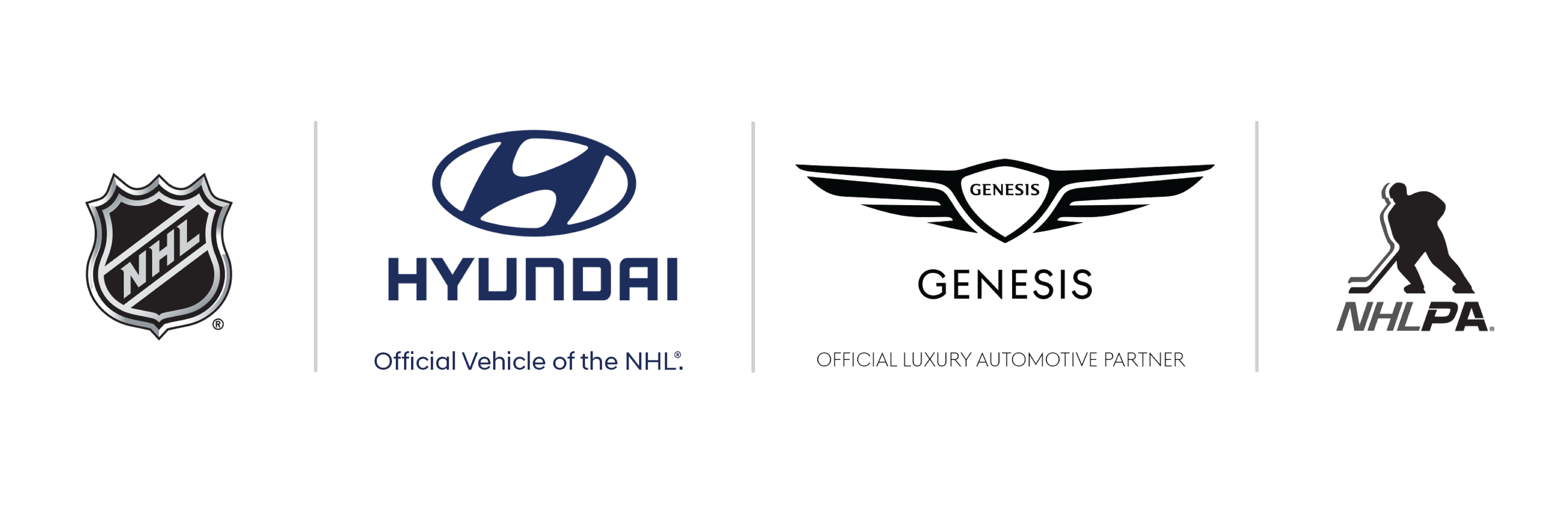 Logos representing partnerships: NHL, Hyundai ("Official Vehicle of the NHL"), Genesis ("Official Luxury Automotive Partner"), and NHLPA