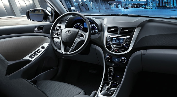 The interior view of the 2017 Hyundai Accent driver's seat and steering wheel