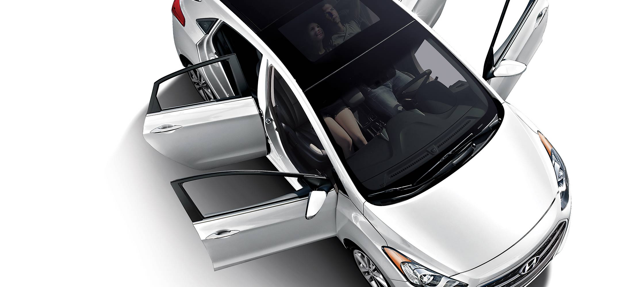 Bird’s-eye view of silver Hyundai Elantra GT 2017 four door compact car with all doors open