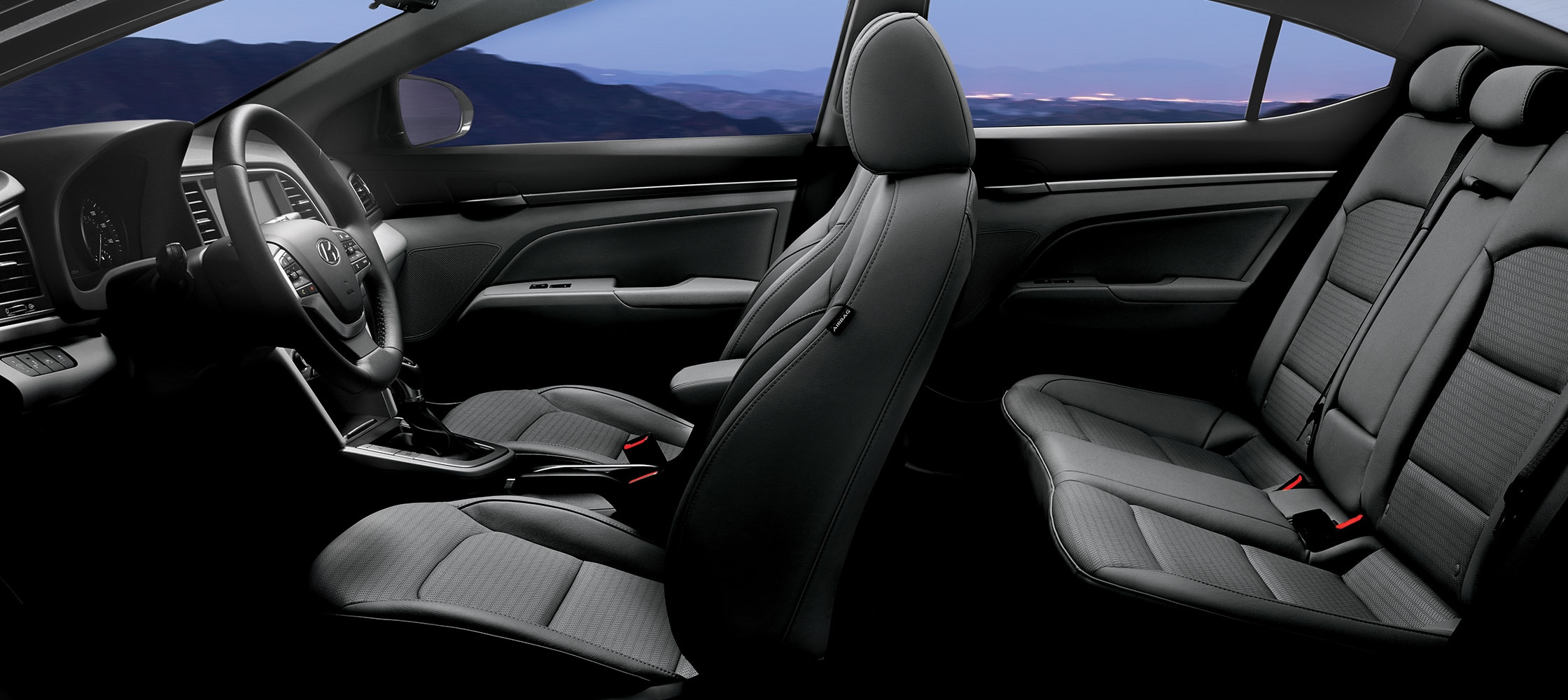 Side view of Hyundai Elantra V3 2017 five seat, black leather interior