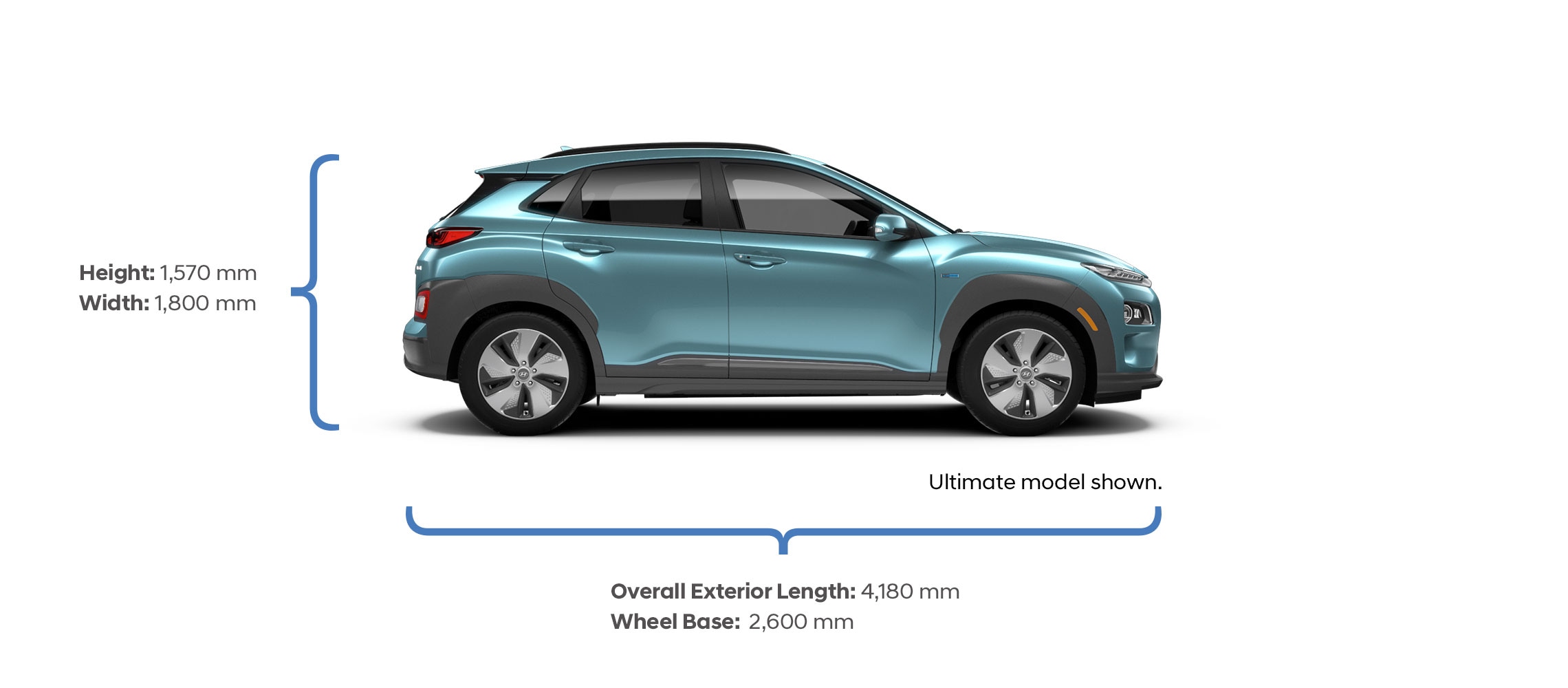 Height and width specifications of the 2020 KONA Electric.