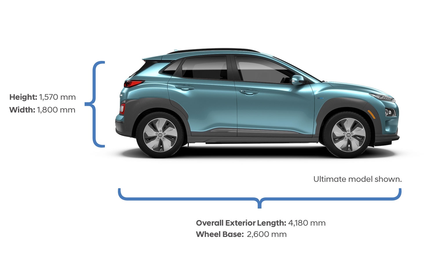 Height and width specifications of the 2020 KONA Electric.