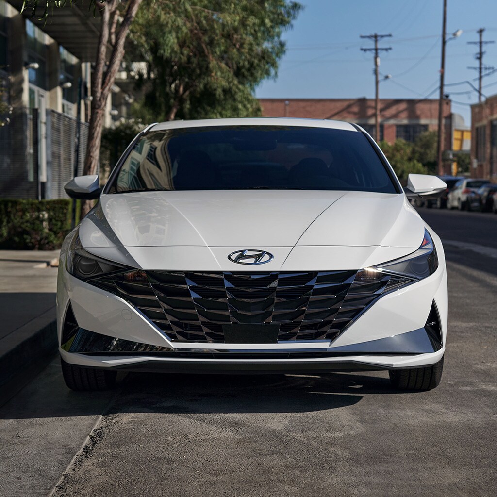Front view of the 2021 Elantra Hybrid in white