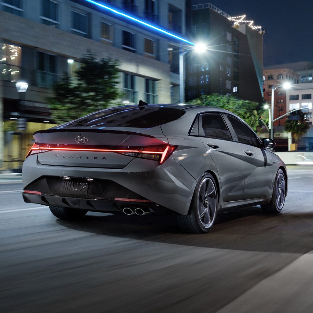 Exterior rear view of the 2021 Elantra N Line in grey