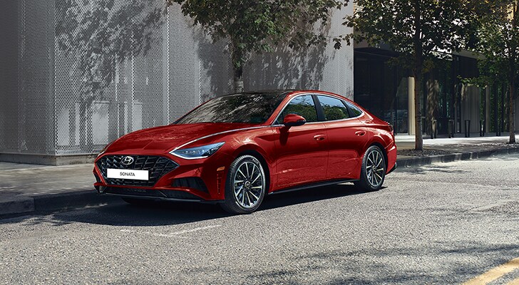 Image of a parked red 2020 Sonata