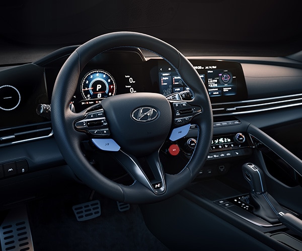 N leather-wrapped steering wheel with N mode buttons in the 2022 ELANTRA N in black leather