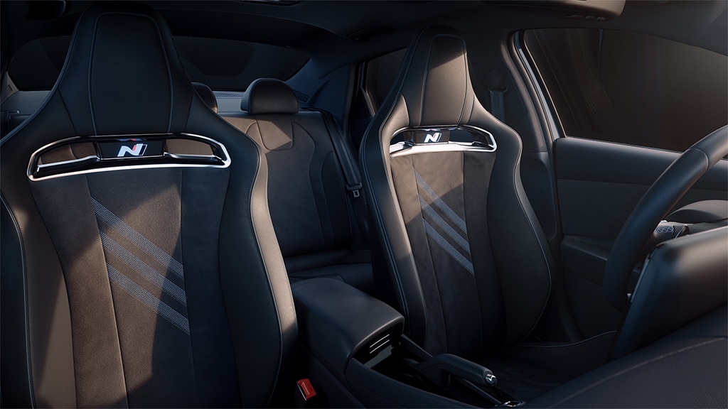 N lightweight sport bucket seats in the 2022 ELANTRA N in black leather with suede
