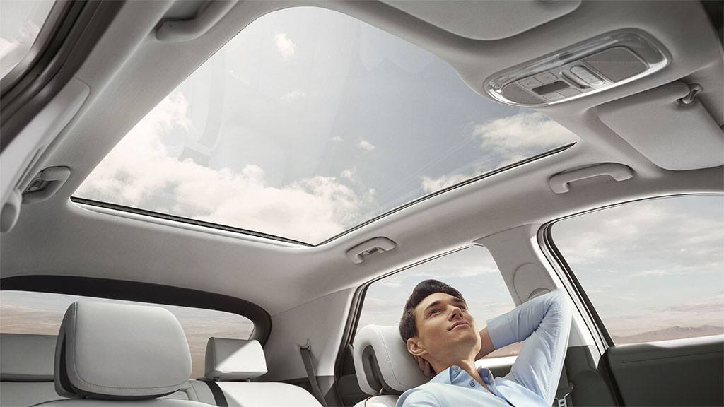 Man looking through the interior vision sunroof in a 2022 IONIQ 5 