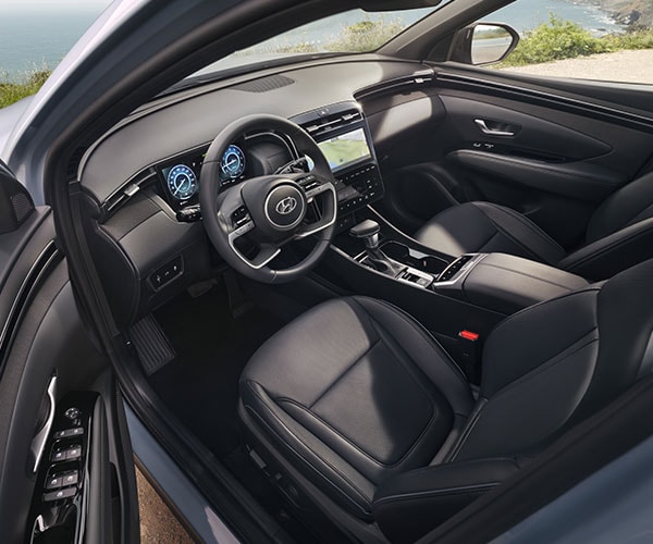 Driver's seat and front cabin in black leather of the 2022 Santa Cruz