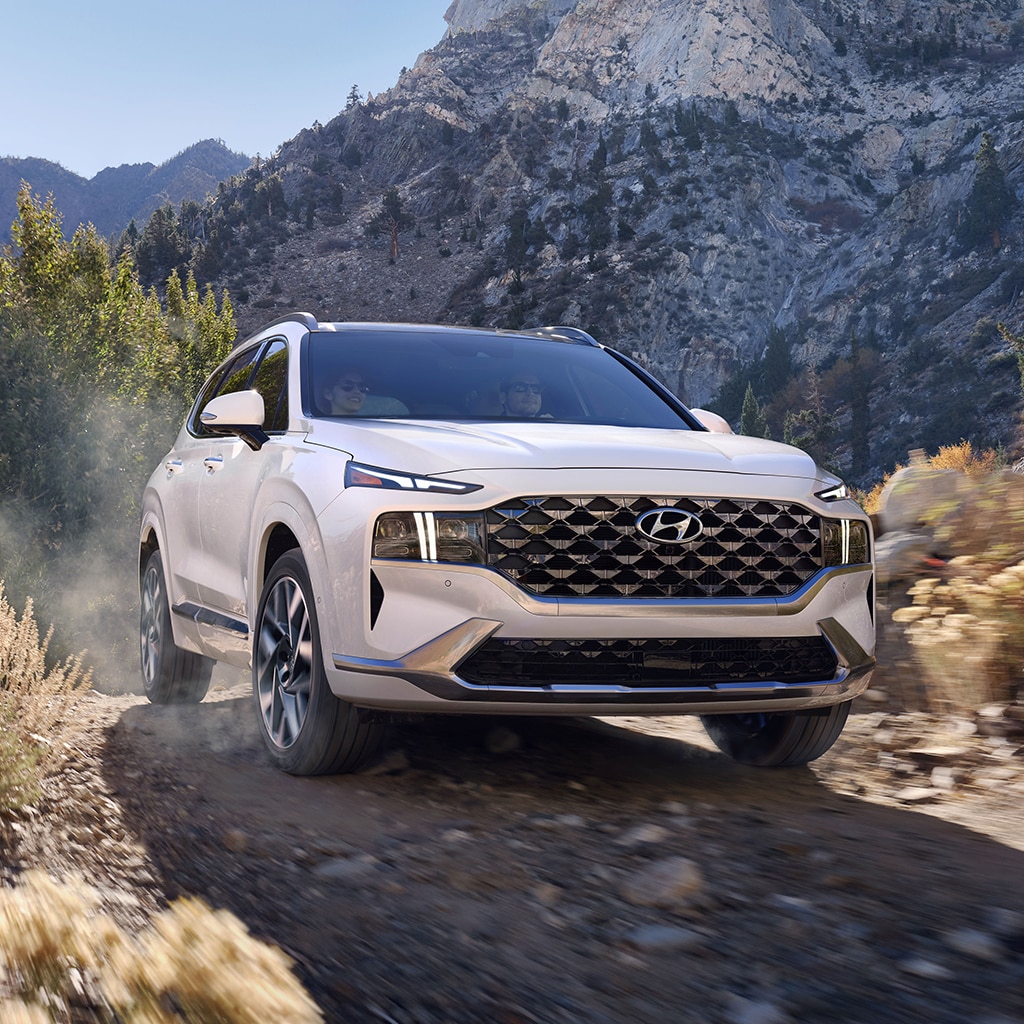 Front view of grille on the 2022 SANTE FE in white