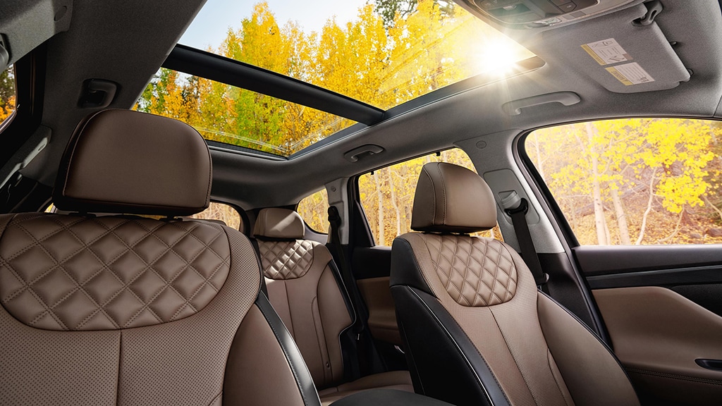 Interior image of the quilted nappa leather seats in brown in the 2022 SANTA FE