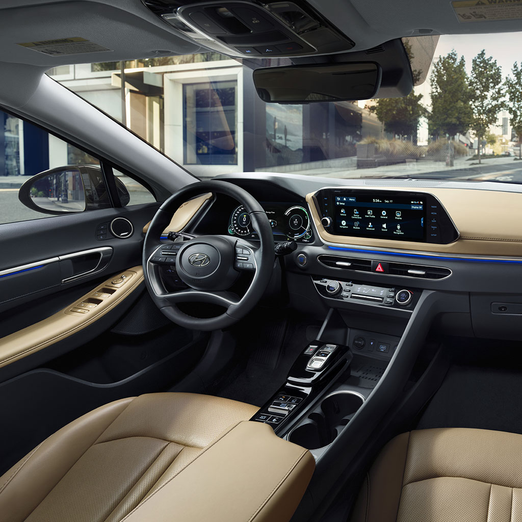 Camel two-tone interior with ambient lighting in the 2022 Sonata 