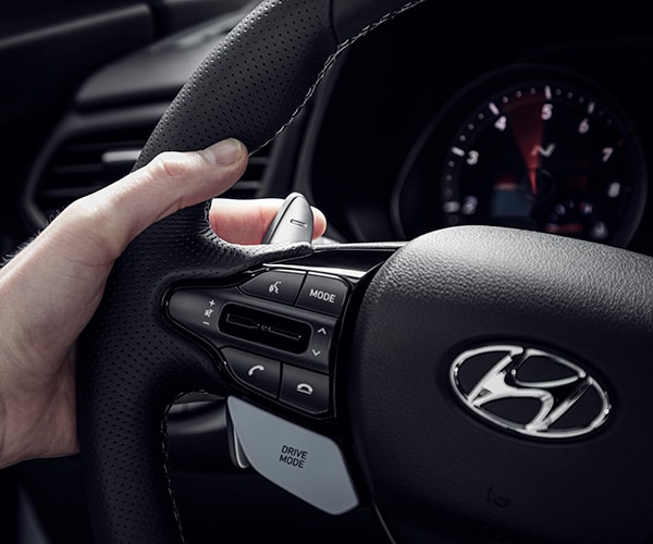 Close up image of the 2022 Veloster N steering wheel 