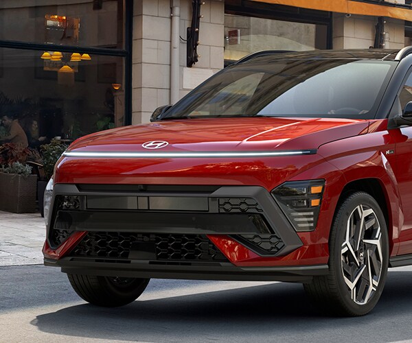 Front exterior view of a 2026 Kona with seamless horizon front LED daytime running lights