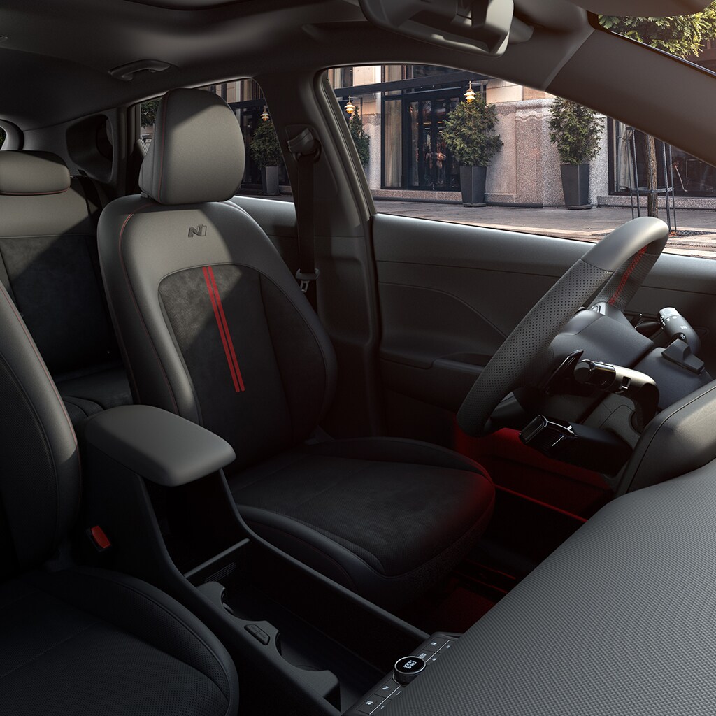 Leather and suede combination sport seats in a 2026 Kona N Line