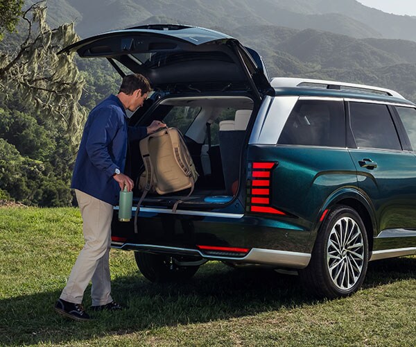 Homme montrant l'utilisation du hayon électrique intelligent mains libres de série du Palisade 2026