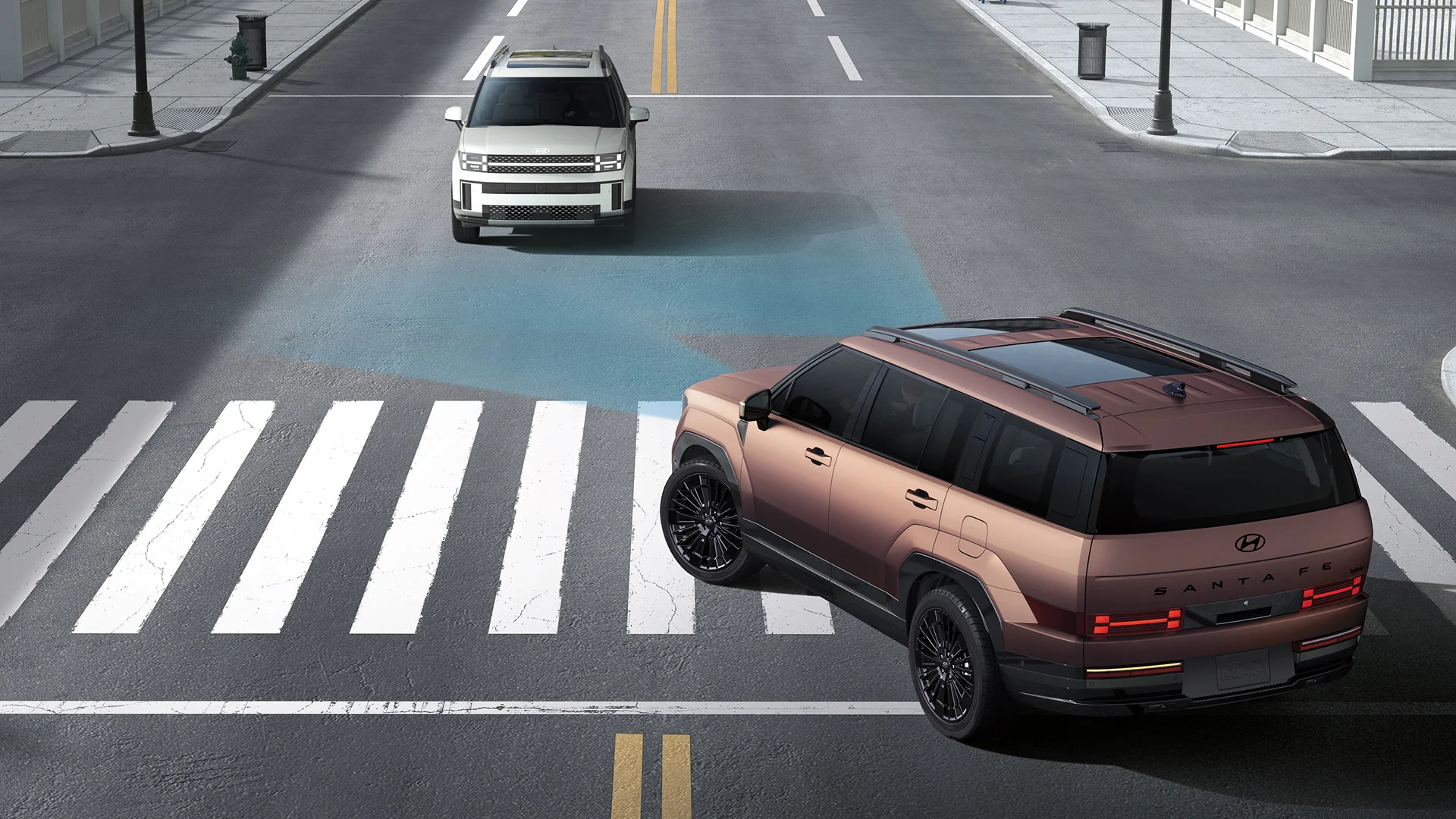 This standard safety feature is designed to detect a vehicle or pedestrian and warn the driver of a potential frontal collision. If the driver does not react to avoid impact, the system will apply emergency braking under certain conditions. And to make left turns at intersections safer, the SANTA FE also features Junction-Turning Detection.