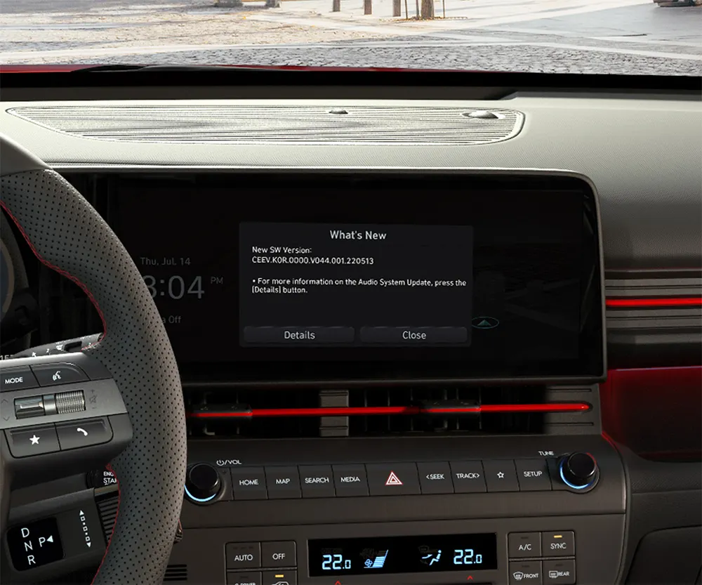 A 2027 Hyundai Kona's infotainment system displaying an available over-the-air software update