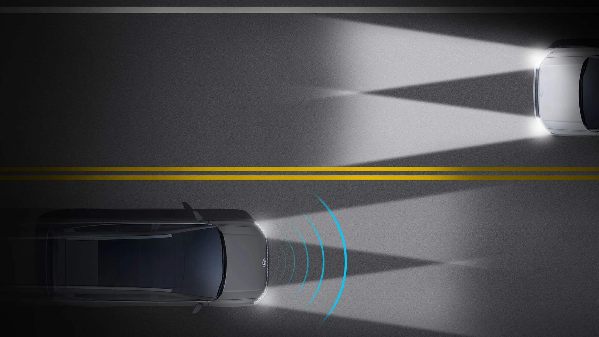 Aerial exterior view of the 2027 Hyundai IONIQ 9 demonstrating Standard High Beam Assist