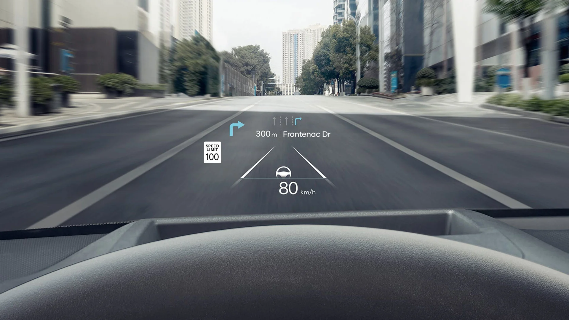 The intuitive Head-Up Display keeps your eyes on the road while providing the driver with important driving information. 
