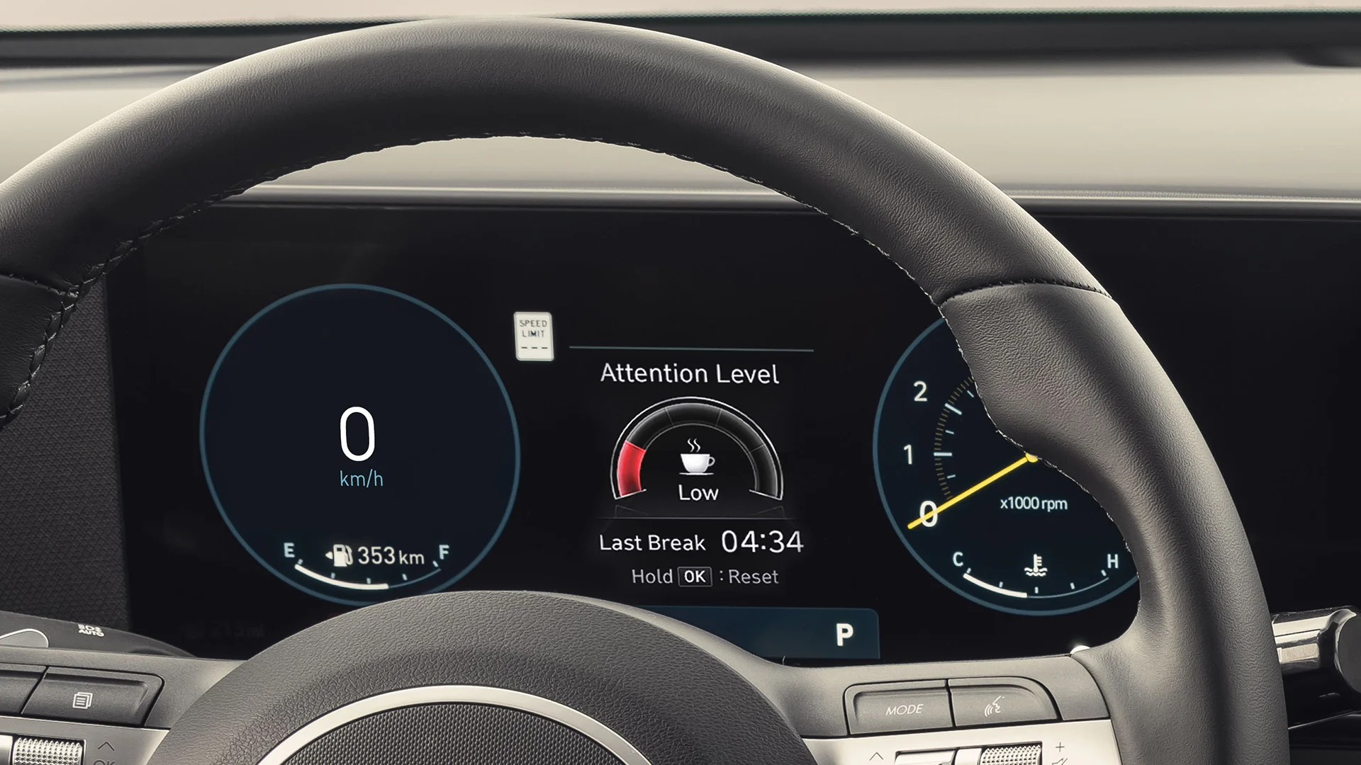 A 2027 Hyundai Kona's digital instrument cluster displaying a Driver Attention Warning alert