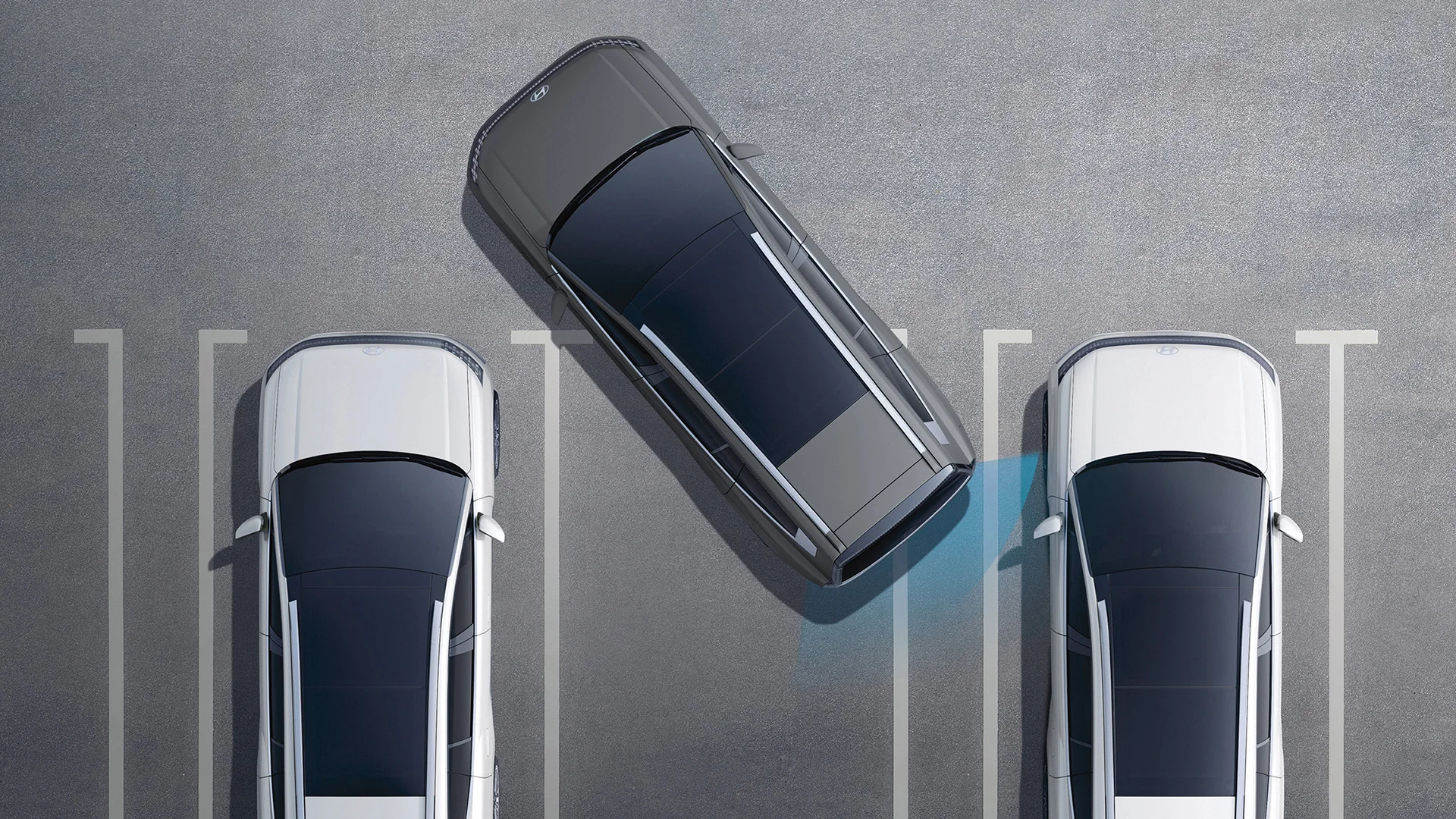 Aerial exterior view of the 2027 Hyundai IONIQ 9 demonstrating Standard Forward/Reverse Parking Distance Warning