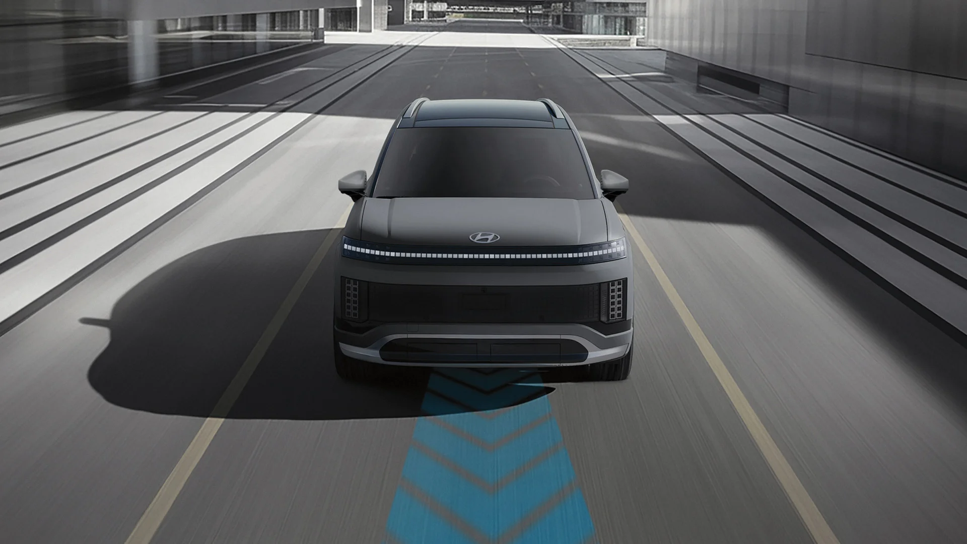 Front exterior view of the 2027 Hyundai IONIQ 9 demonstrating Standard Lane Following Assist / Lane Keeping Assist