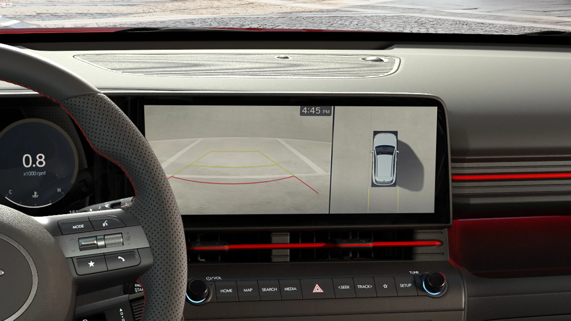 A 2027 Hyundai Kona's available Surround View Monitor displaying rear and 360-degree parking views