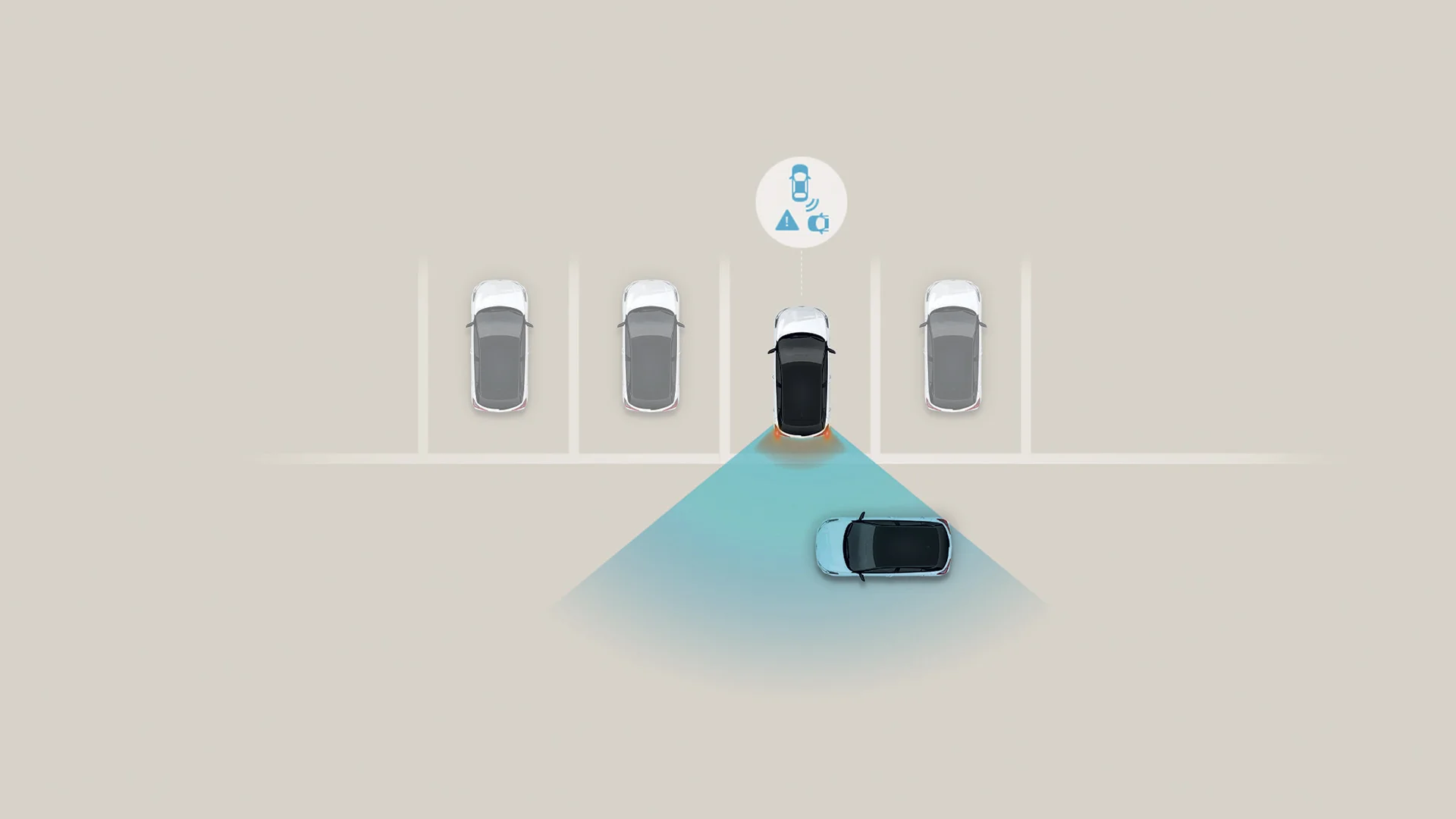 A 2027 Hyundai Kona demonstrating its available Rear Cross-Traffic Collision-Avoidance Assist detecting an approaching vehicle while reversing