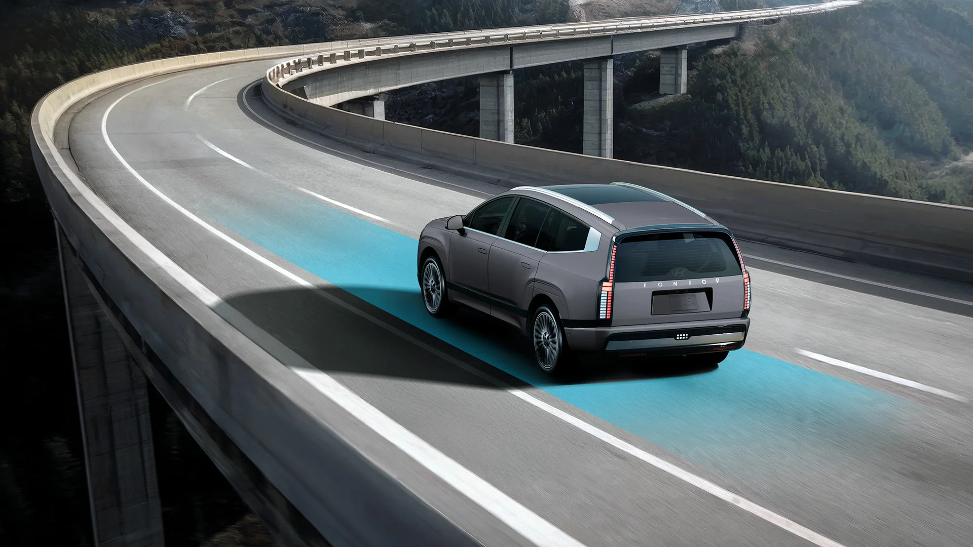 Rear exterior view of the 2027 Hyundai IONIQ 9 demonstrating Standard Highway Driving Assist 2