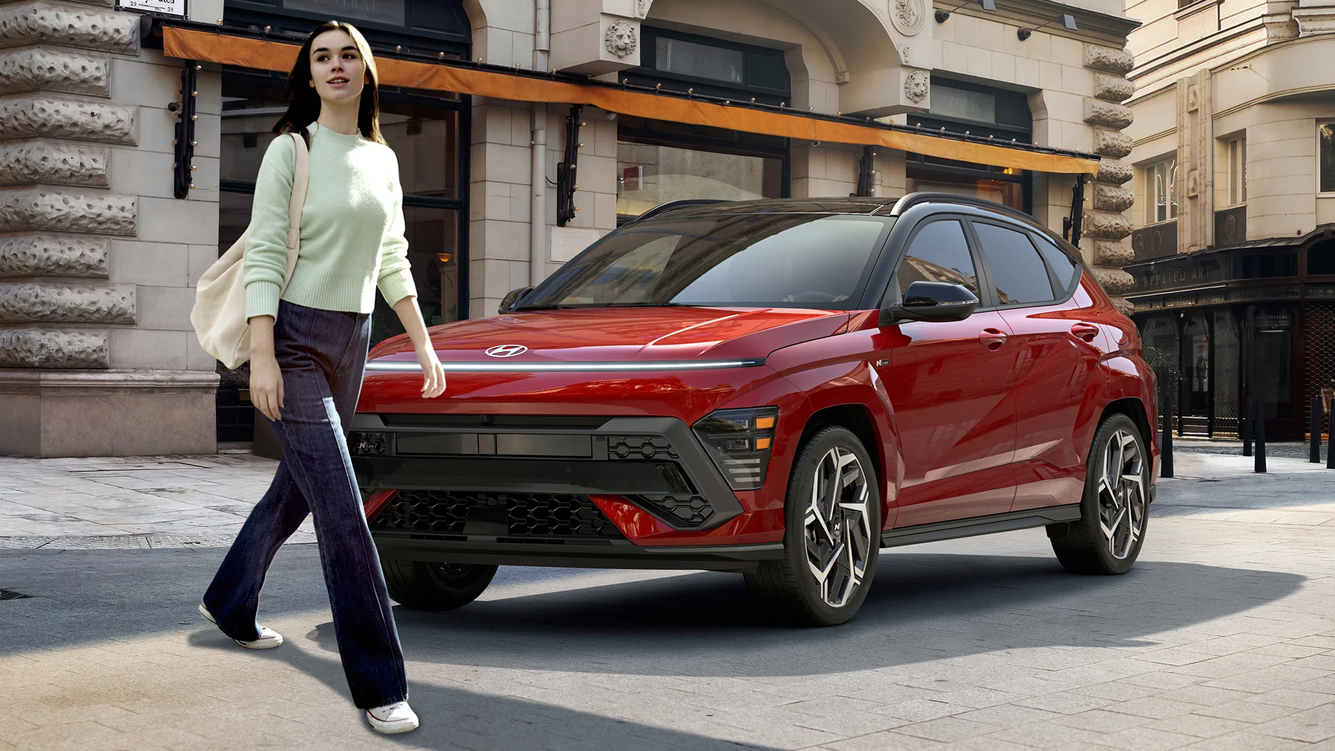 A 2027 Hyundai Kona demonstrating Forward Collision-Avoidance Assist with Pedestrian Detection
