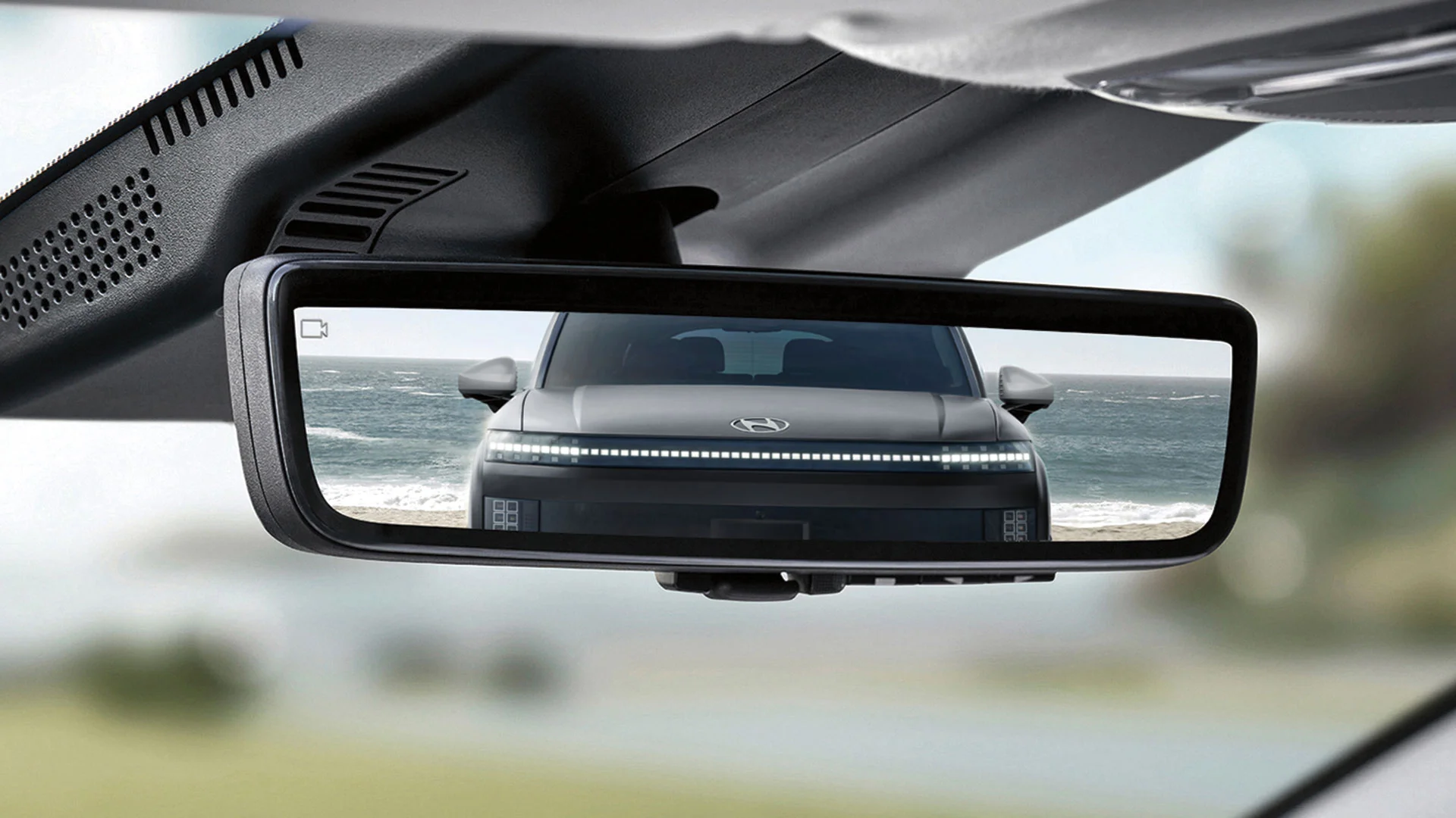 Interior view of the 2027 Hyundai IONIQ 9 demonstrating available full digital display rearview mirror