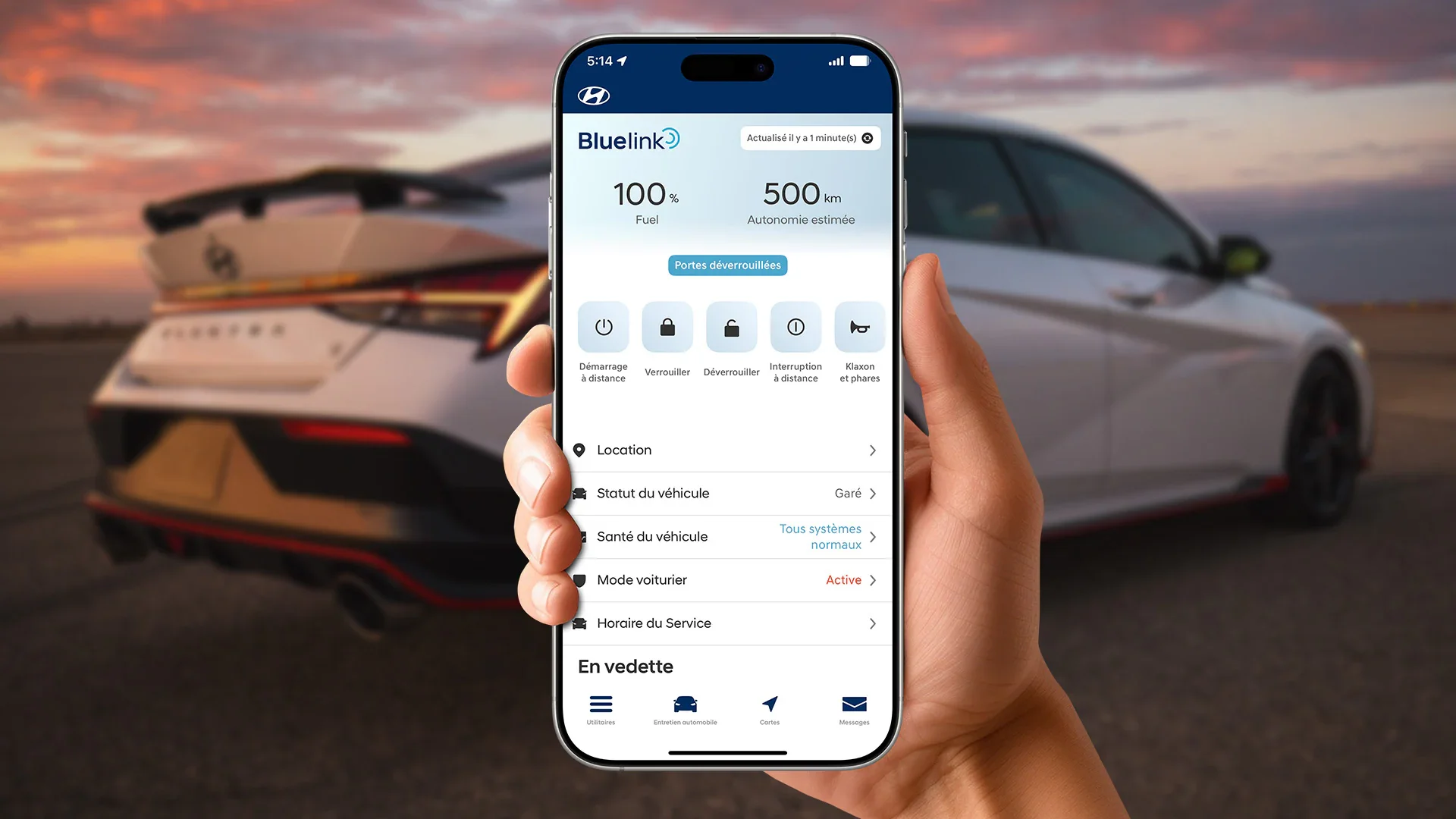 Notre technologie pour véhicule connecté BluelinkMD est disponible sur tous nos modèles. Ce système avancé vous permet de rester connecté à votre Hyundai par l’entremise d’une application pour téléphone intelligent et vous offre une foule de services au bout de vos doigts, comprenant :• Démarrage à distance avec contrôle de la température (non livrable sur le modèle à transmission manuelle)• Services d’urgence et assistance routière• Notification automatique en cas de collision• Verrouillage/Déverrouillage à distance• Trouver ma voiture• Recherche dans les environs• Diagnostics en temps réel• Trouver un concessionnaire• Abonnement sans frais pendant 3 ans sur les modèles équipés
L'ELANTRA N inclut également un abonnement de trois mois gratuit à la radio satellite Sirius XM.