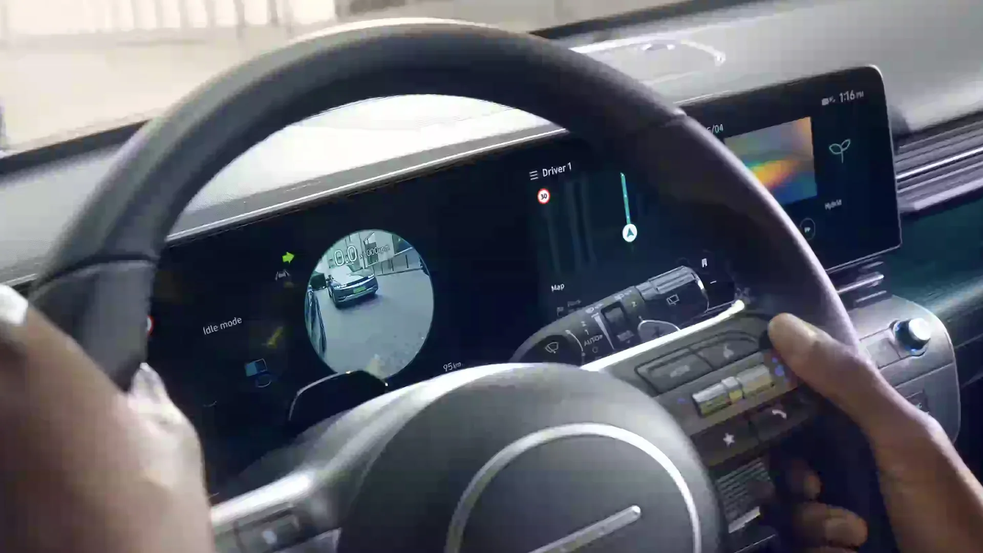 A 2027 Hyundai Kona's available Blind View Monitor displays a live view of the driver's blind spot in the digital instrument cluster